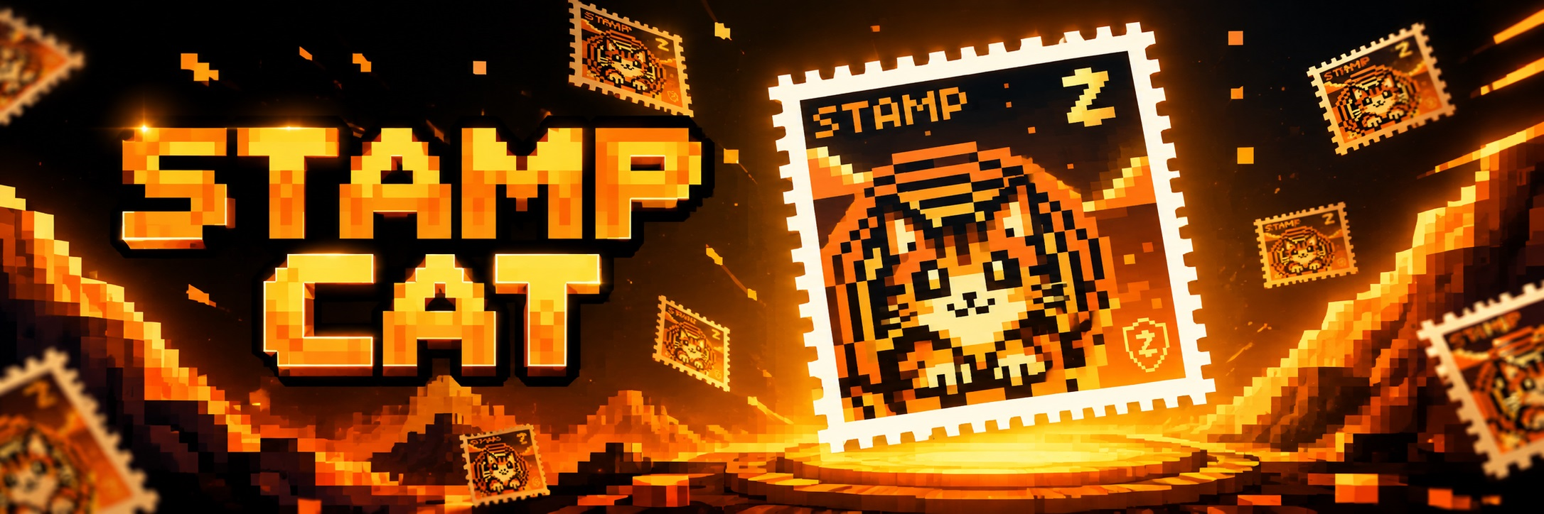 Stamp Cat banner — stamp over a pixel sunset horizon