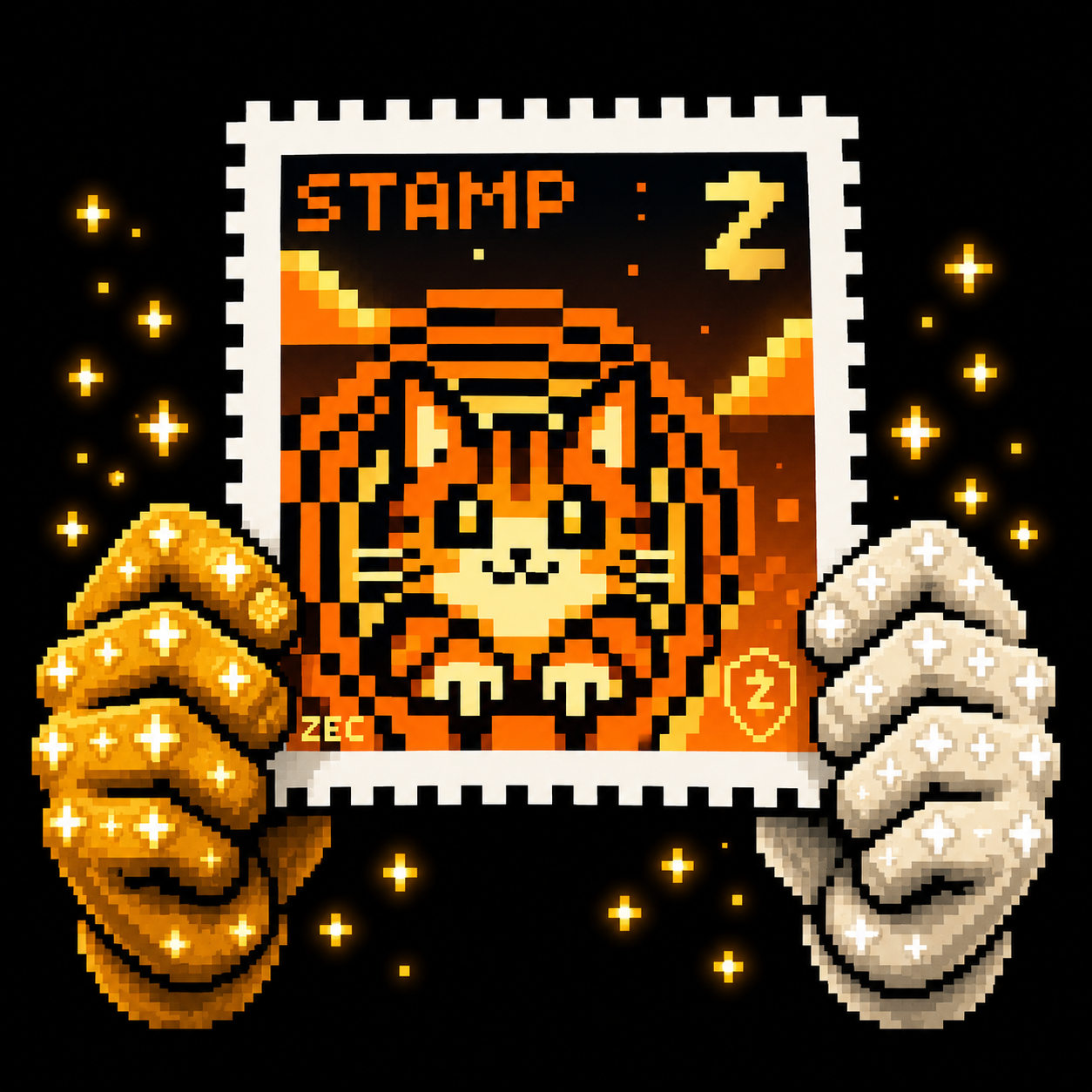 Pixel hands holding the Stamp Cat stamp