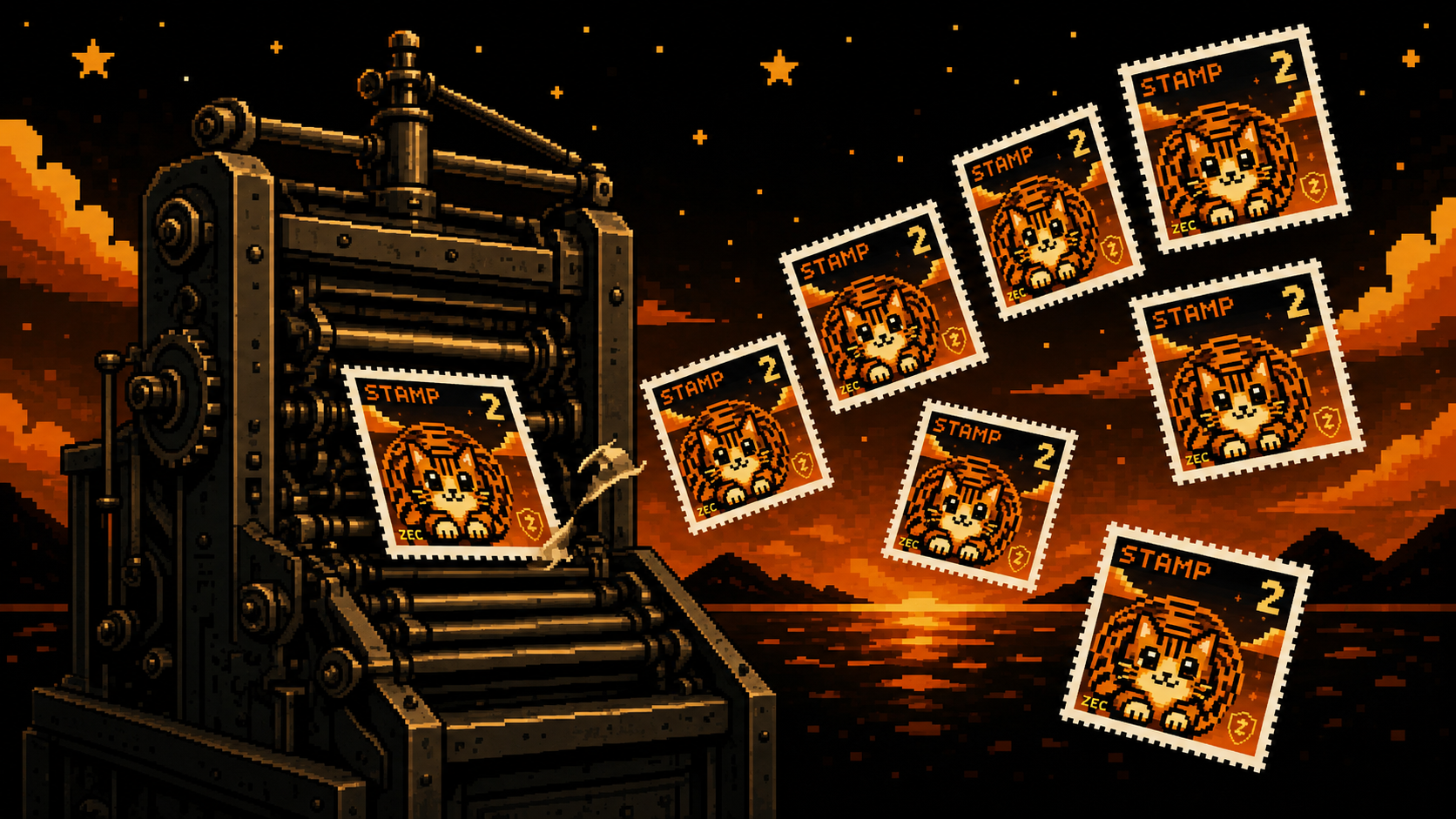 Stamp Cat stamps flying off a pixel printing press at sunset