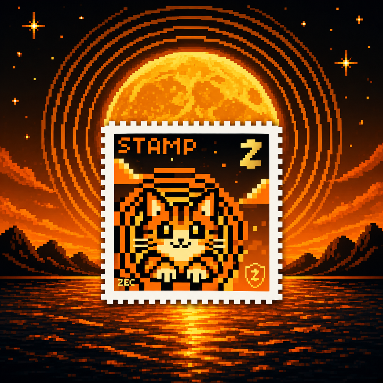 Stamp Cat stamp over a pixel moonrise