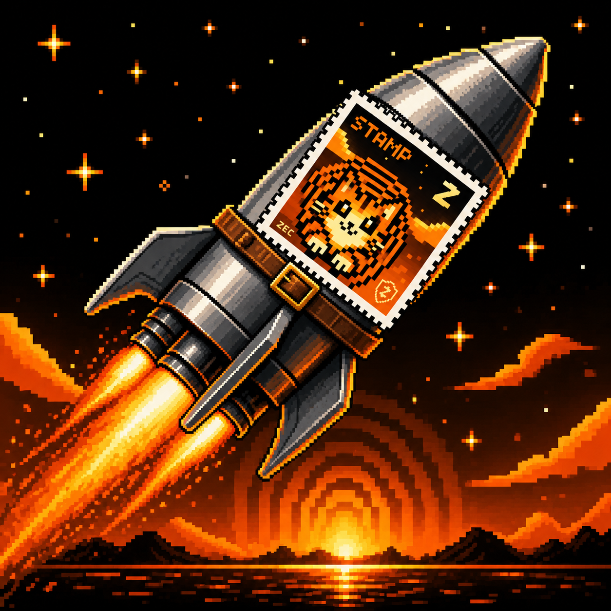Stamp Cat stamp strapped to a pixel rocket